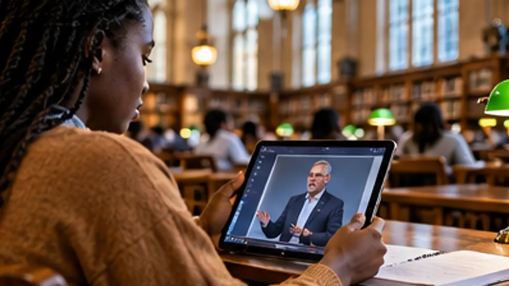 A student watching an online lecture on a tablet in a university library