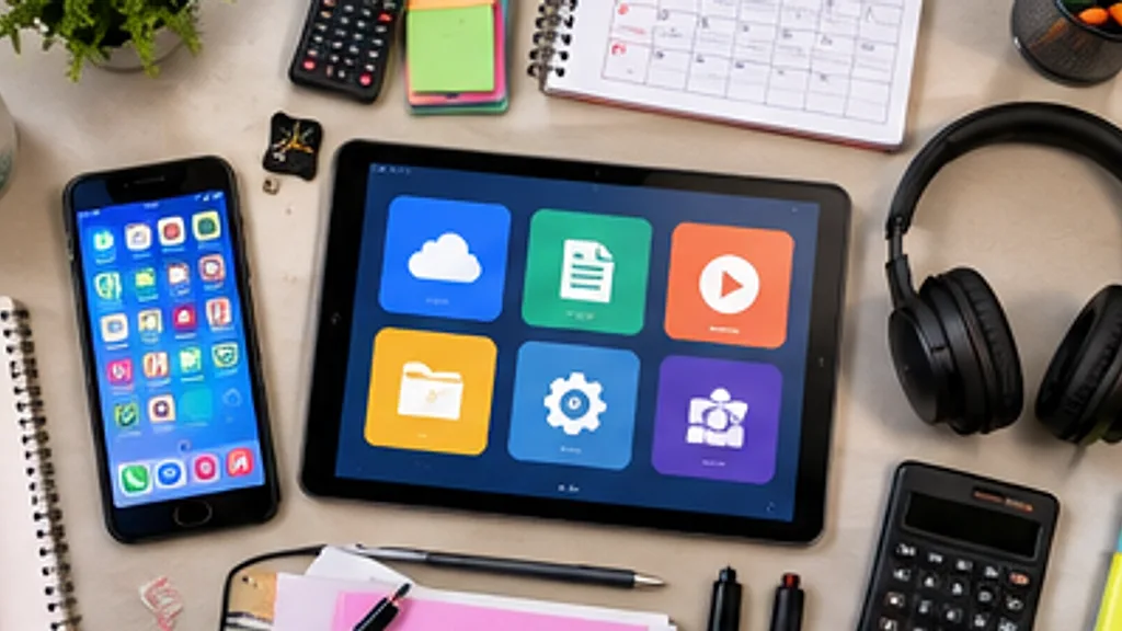 A student's desk with a phone and tablet full of app icons, headphones, a calculator and notebooks