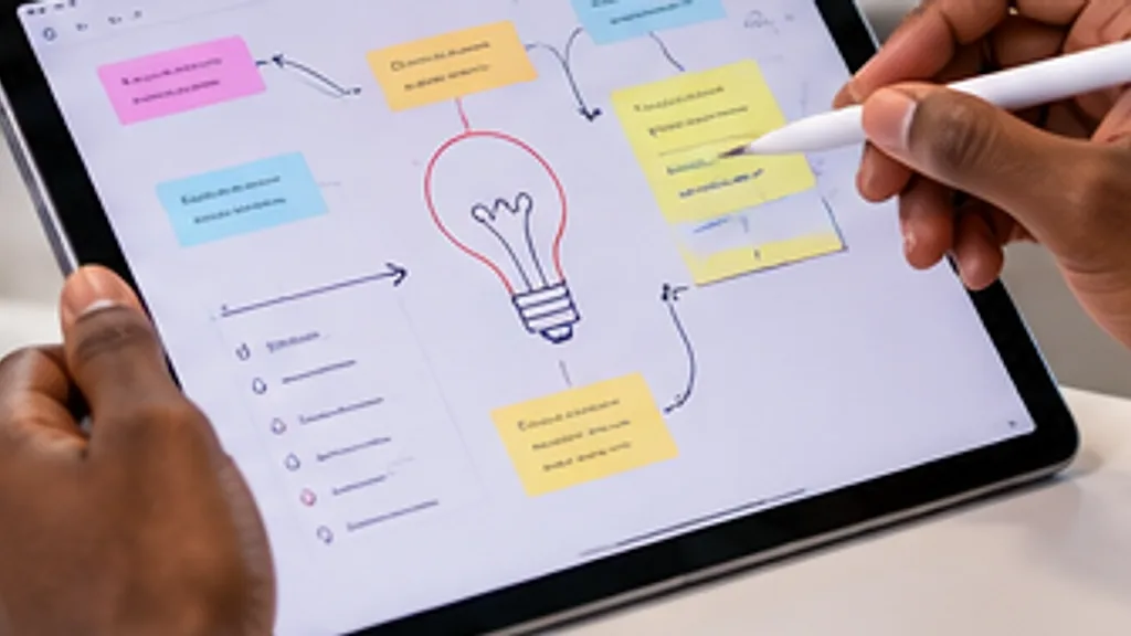 A hand drawing a mind map with a stylus in a tablet note-taking app