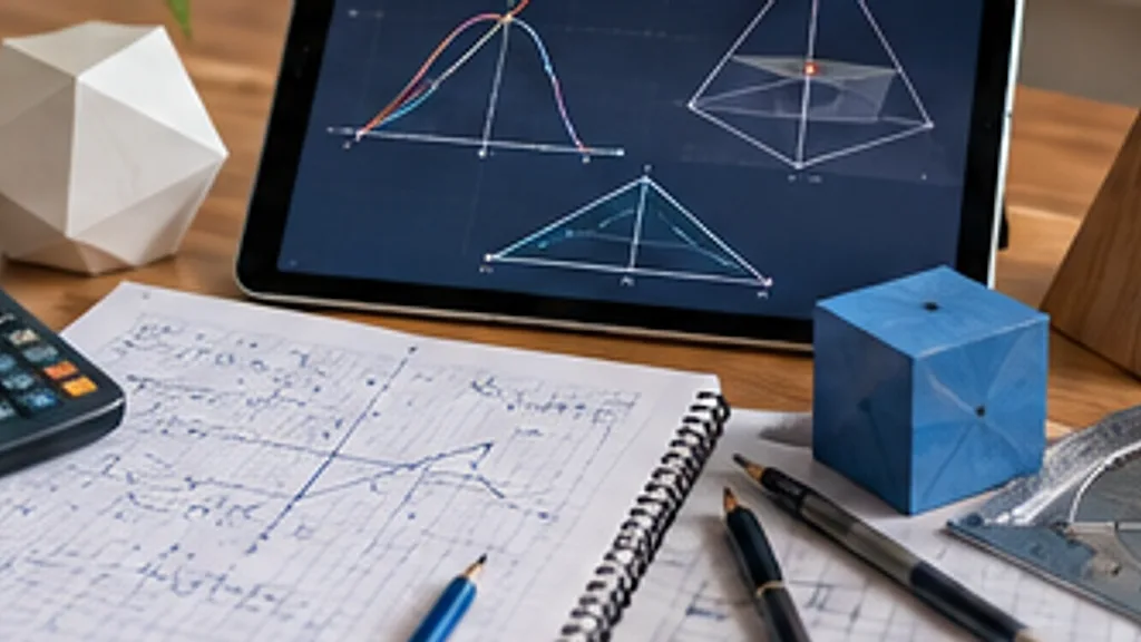 A tablet showing graphs and geometry beside a calculator and squared-paper working