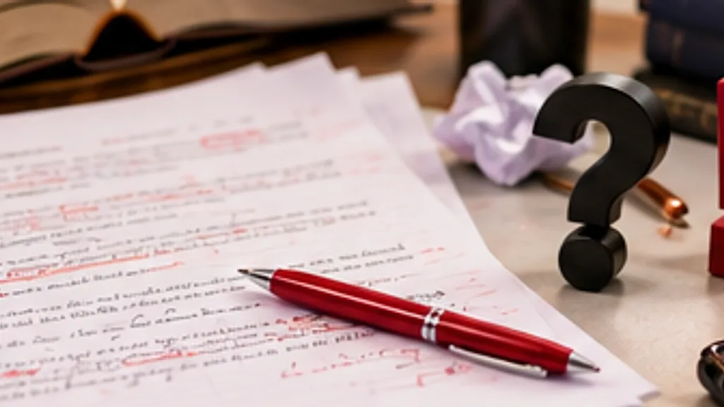 An essay marked up in red pen, with a question mark ornament beside it