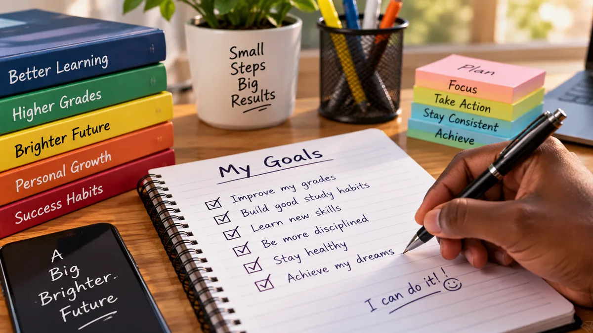 A handwritten "My Goals" checklist in a notebook, with study books and sticky notes on the desk