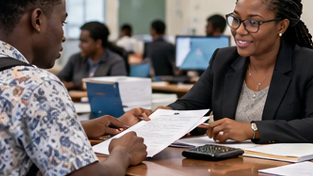 A student with a backpack talking to a school adviser across a desk