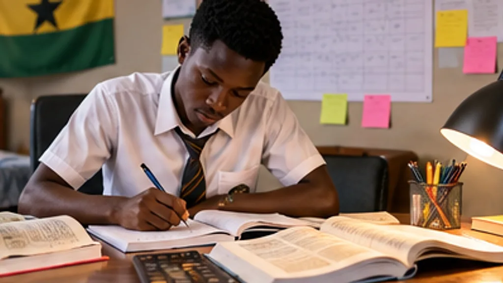 A student in school uniform studying at his desk, surrounded by open textbooks