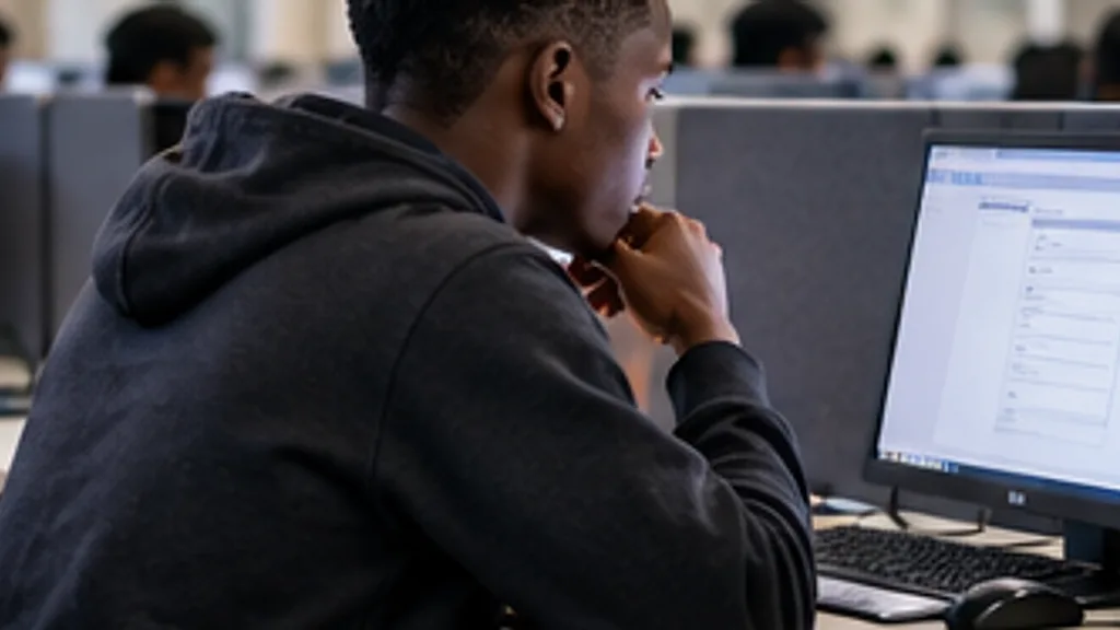 A student sitting a computer-based test in a hall full of computers