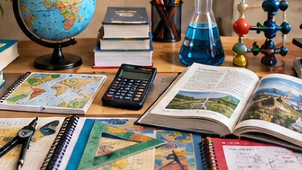 A desk with a globe, textbooks, maps, a calculator and science models