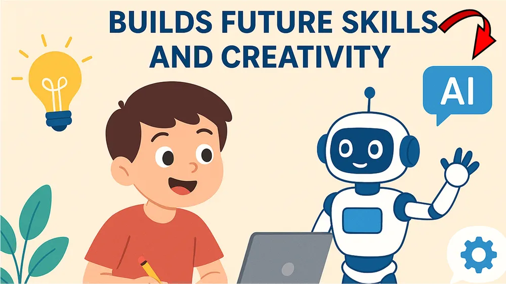 Illustration of a child and a friendly robot with the words Builds future skills and creativity
