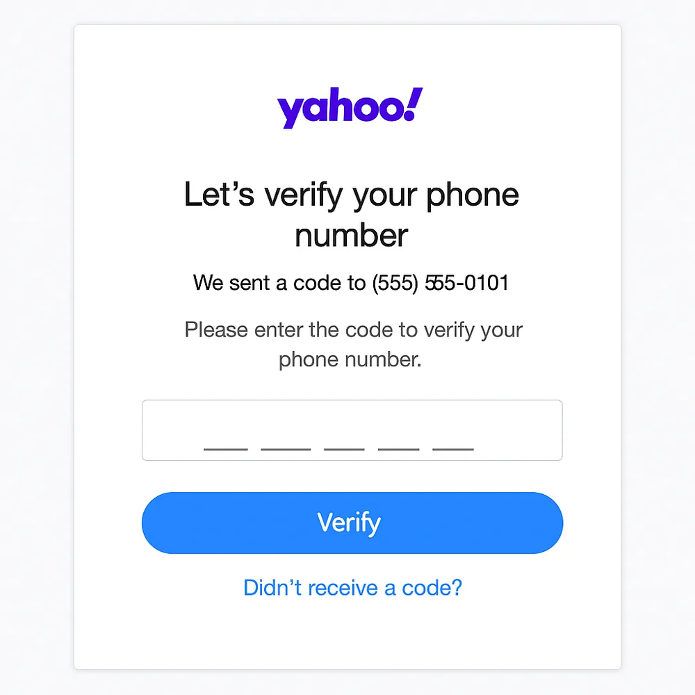 Yahoo phone number verification page for new account