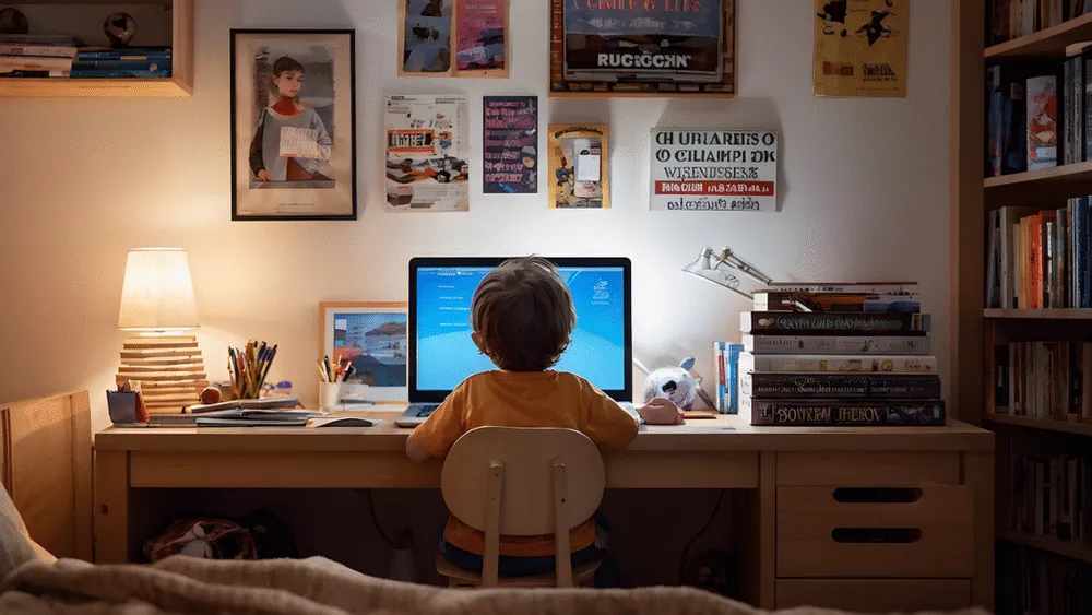 A boy studying at a tidy desk in a quiet room full of books