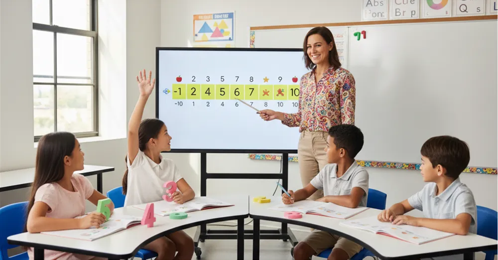 A teacher pointing at a number line on the board while pupils raise their hands