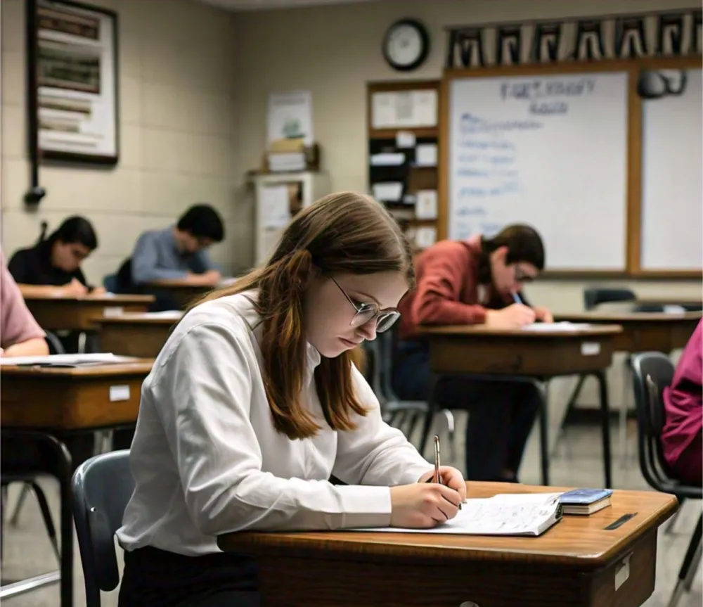 A student writing an exam at her desk in a classroom
