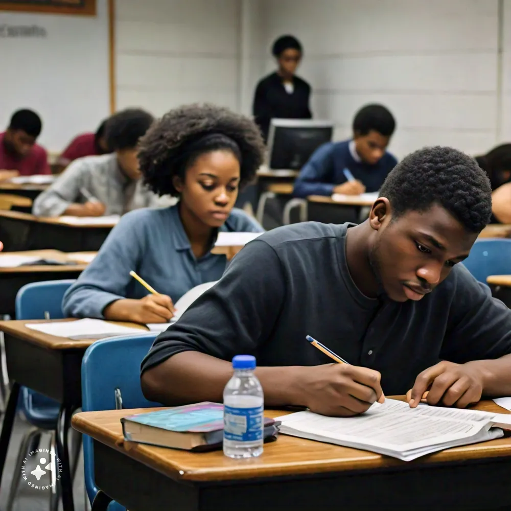 Students writing an exam in a quiet classroom