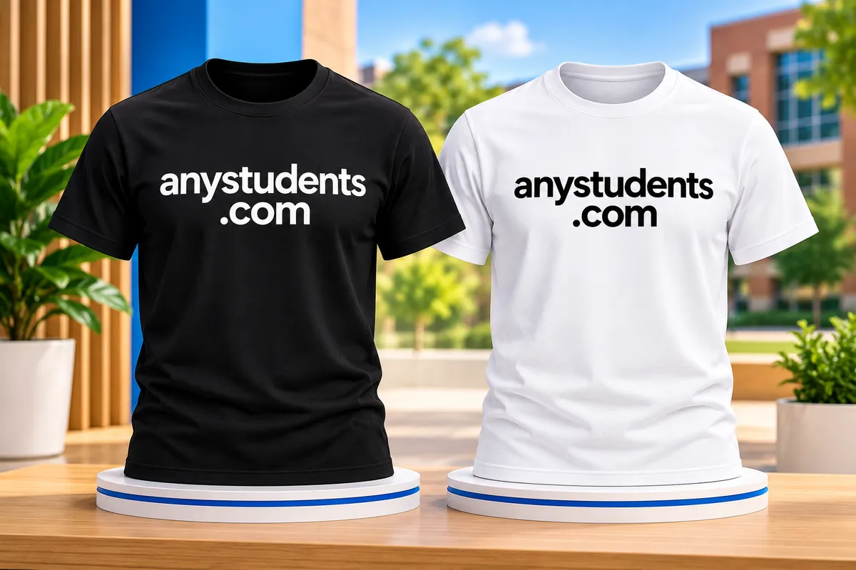 Two branded AnyStudents T-shirts, one black and one white, on display