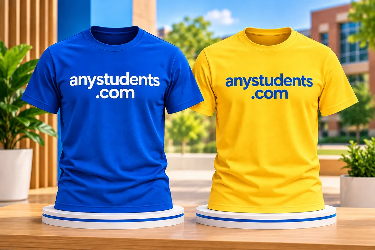 Blue and yellow AnyStudents T-shirts on display stands outside a school campus
