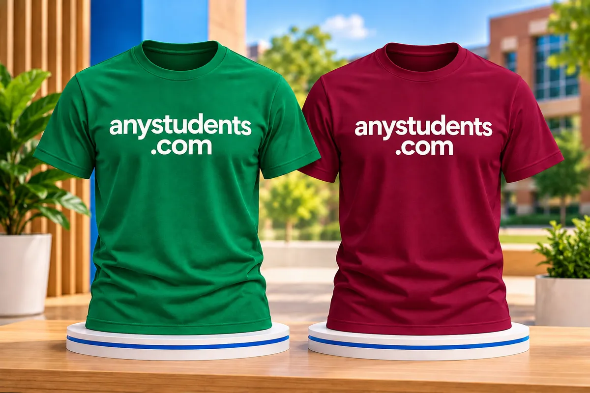 Green and maroon AnyStudents T-shirts on display stands, ready to be printed for winners