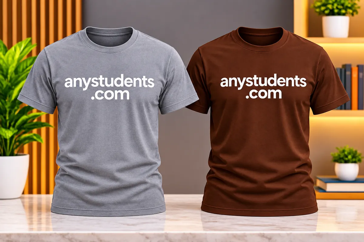 Grey and brown AnyStudents T-shirts on display beside a bookshelf