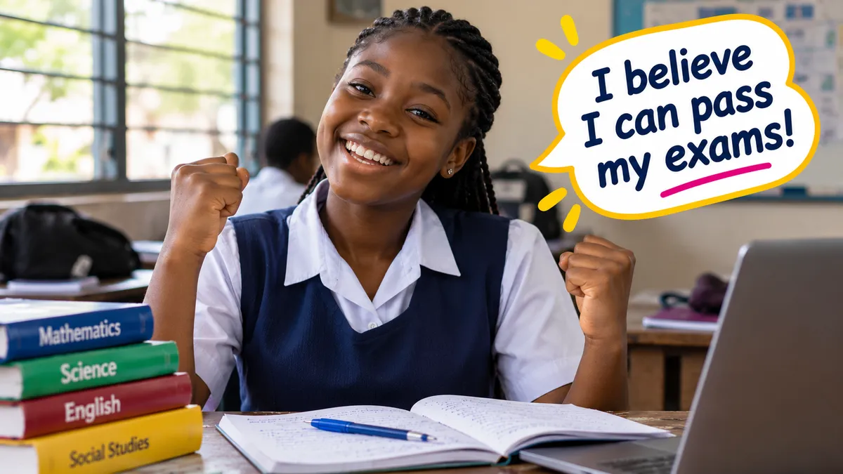 Smiling student in school uniform beside her textbooks, confident she can pass her exams