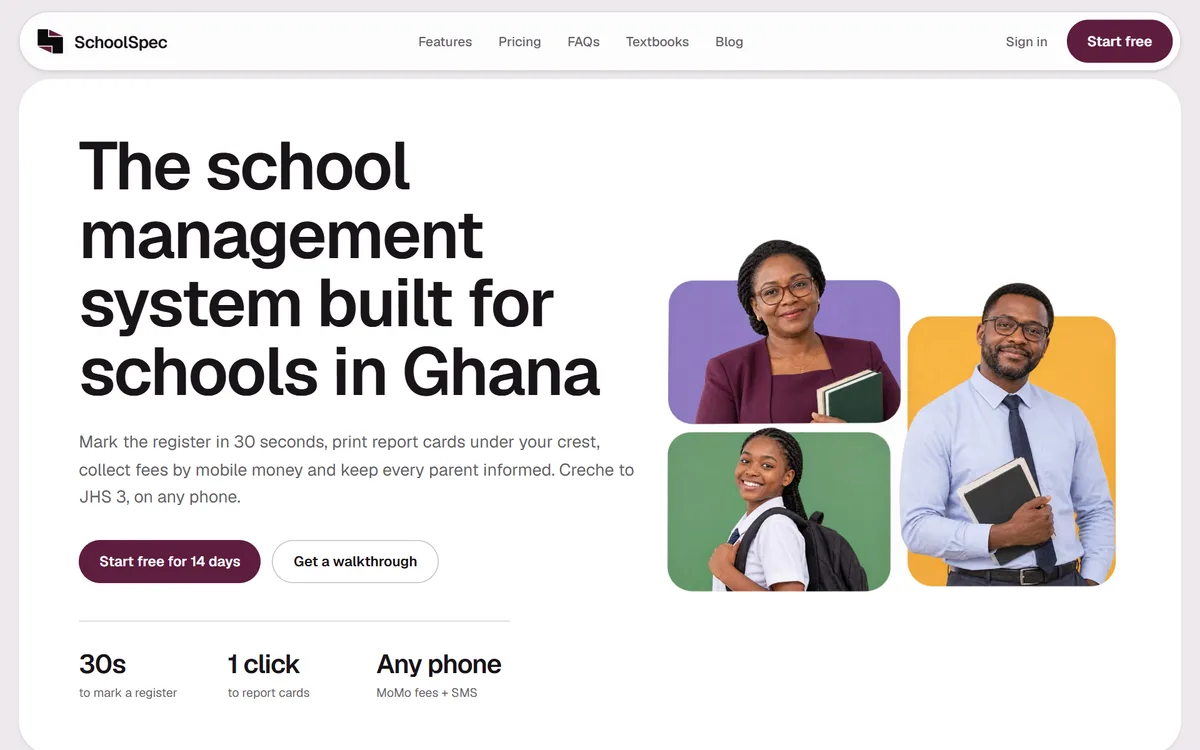 SchoolSpec home page: the school management system built for schools in Ghana