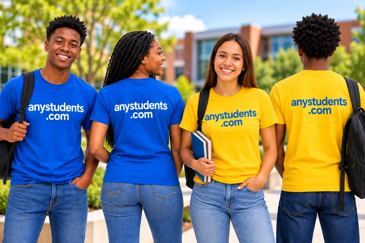Four smiling students on campus wearing blue and yellow AnyStudents T-shirts
