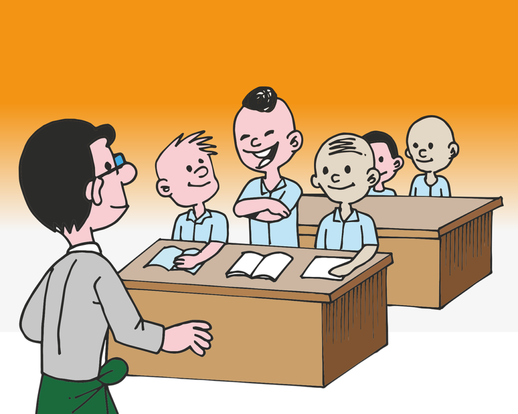 A classroom photo showing a teacher and students engaged in fun, interactive learning, designed to be appealing and relatable to students worldwide.