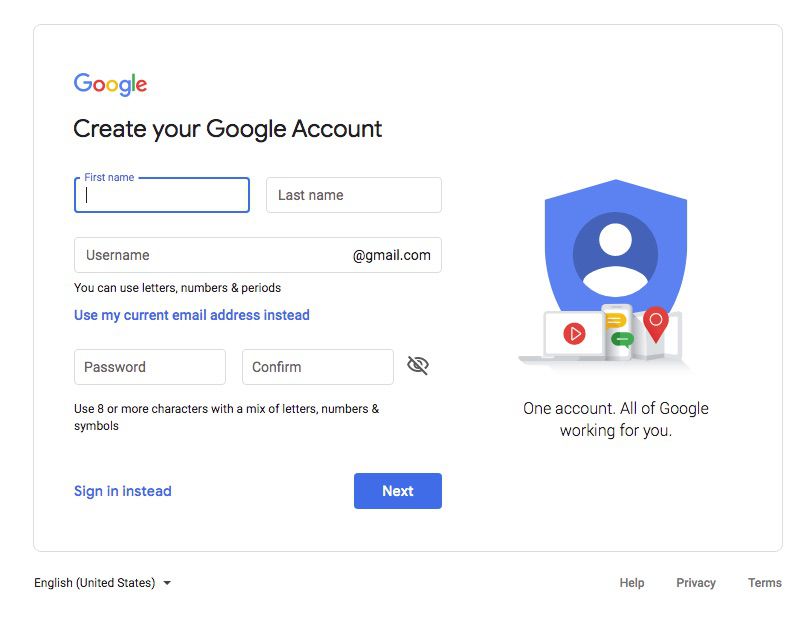 enter your personal details to create your gmail account
