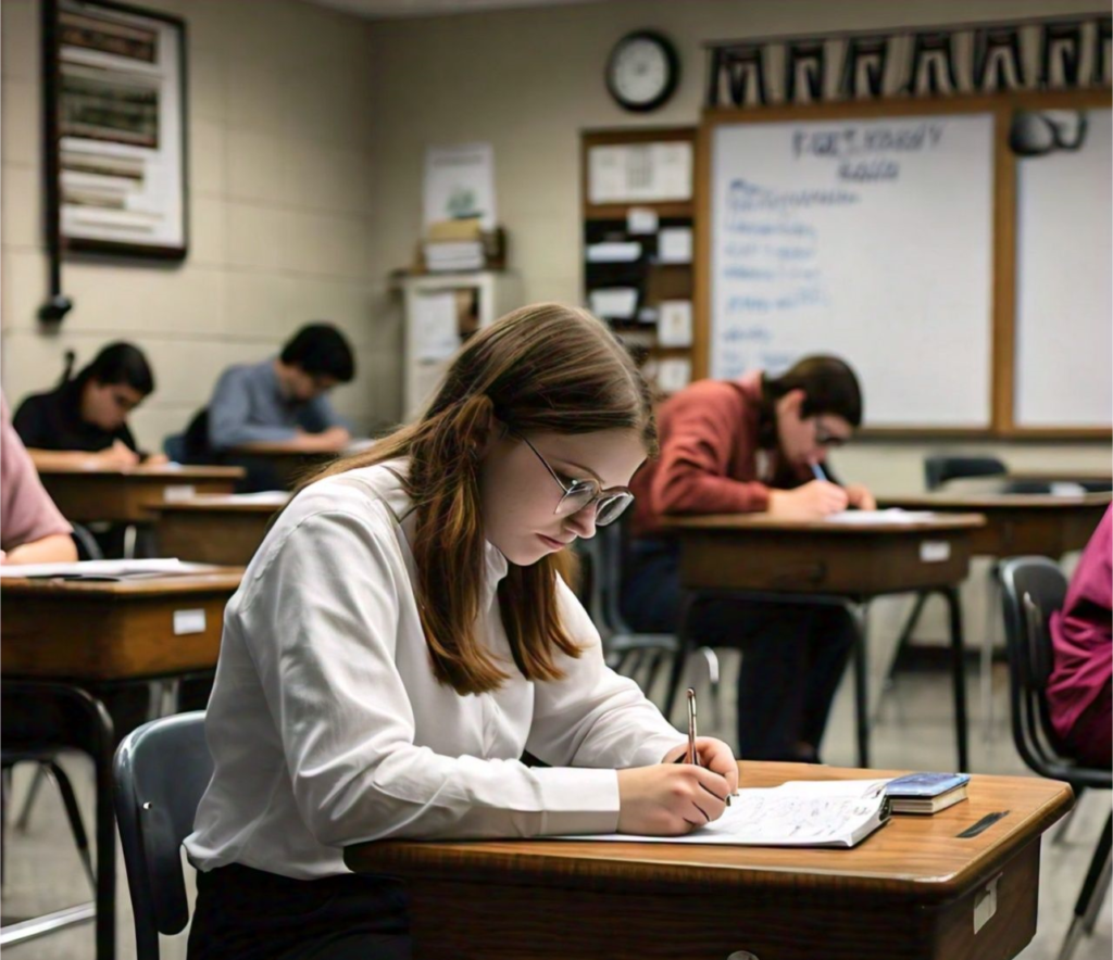 Why avoid copy and paste answers as a student - image showing a group of students writing exams where students can easily copy from friends