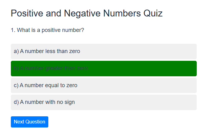 Mathematics positive and negative quiz for students
