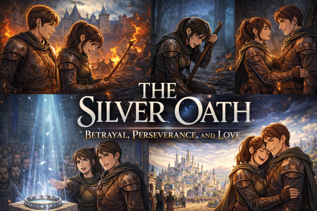 Fantasy book cover showing Elira and her brother revealing the truth before the city in The Silver Oath story.