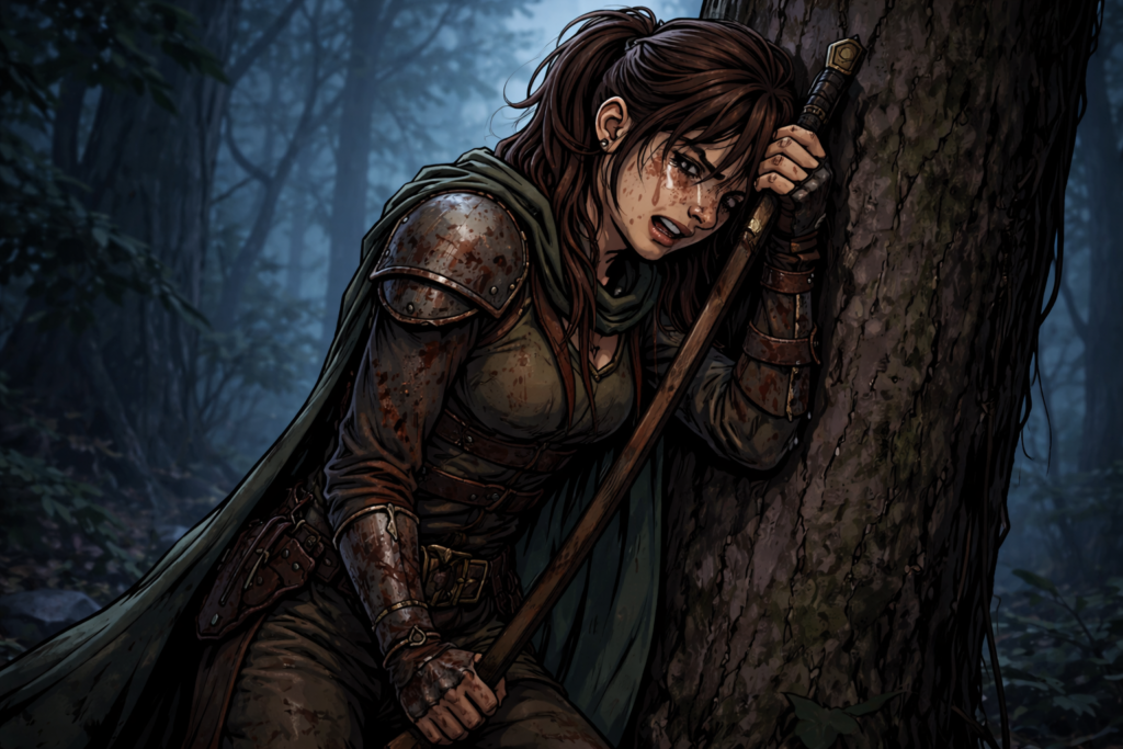 Elira struggling to find her brother through the forest.