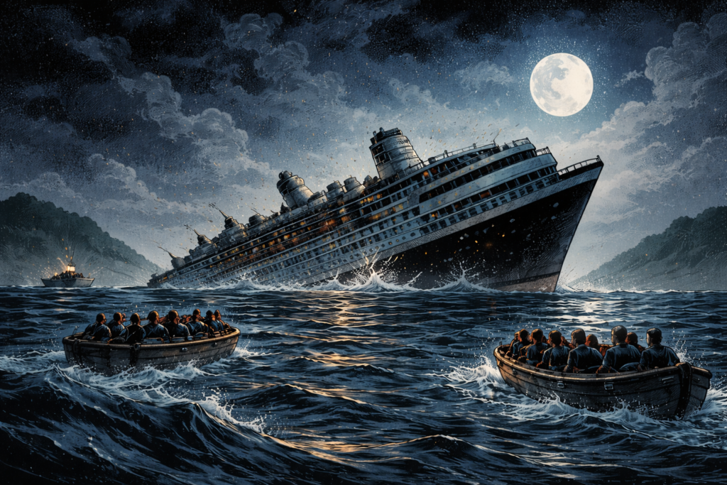 the sinking ship in the middle of the night